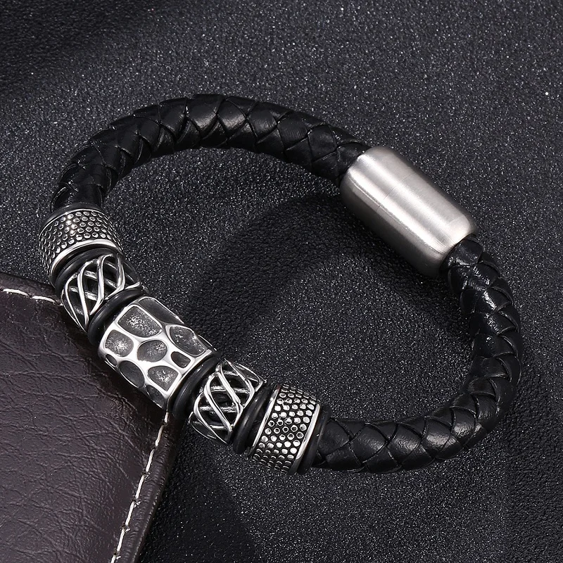 Новые черные браслеты мужские Модные из нержавеющей стали с бусинами кожаные