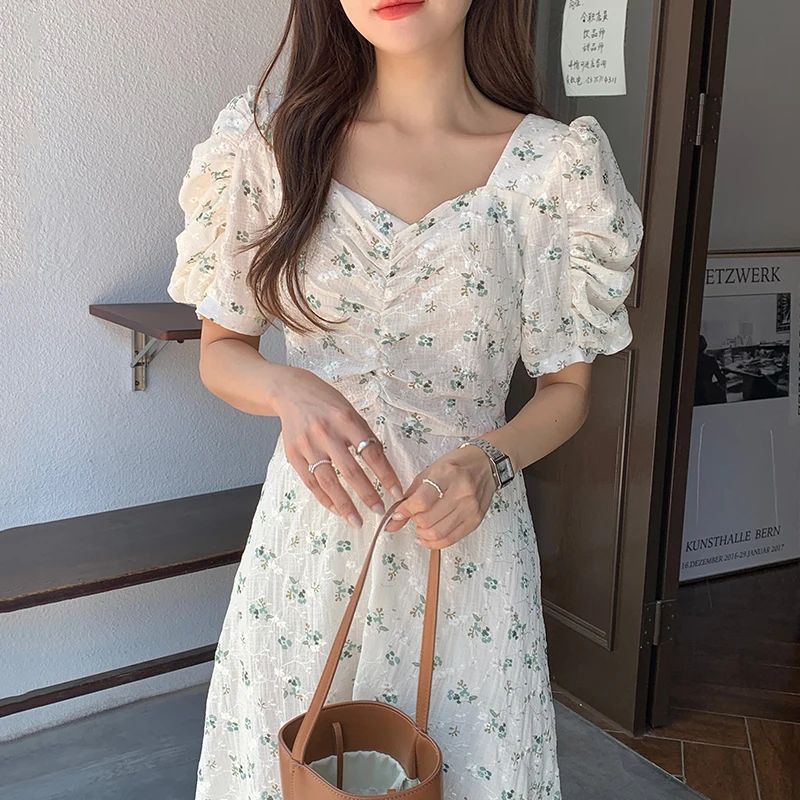 

Женское платье с квадратным вырезом, летнее элегантное приталенное платье с высокой талией, с цветочным рисунком, с пышным рукавом