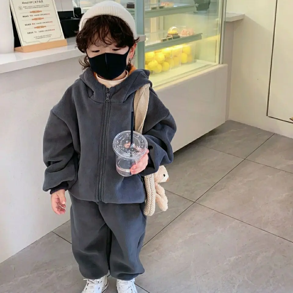 

Children's Suit Sporing Autumn Winter New Products Boys Plus Velvet Casual Suit Boys Girls Korean Version Thick Two-piece Suit