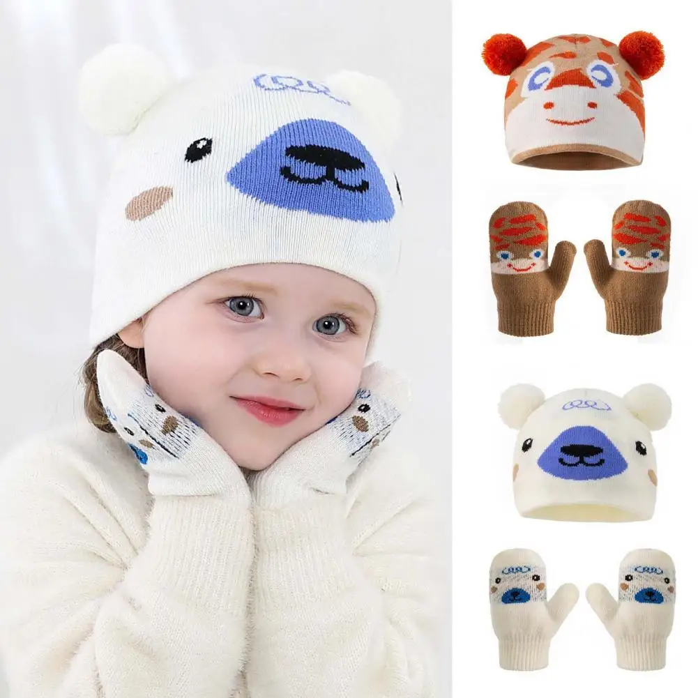 

1 Set Popular Kids Hat Gloves Set Plush Balls Lovely Beanie Cap Gloves 2021 Winter Warm Knitting Hat Gloves Sets