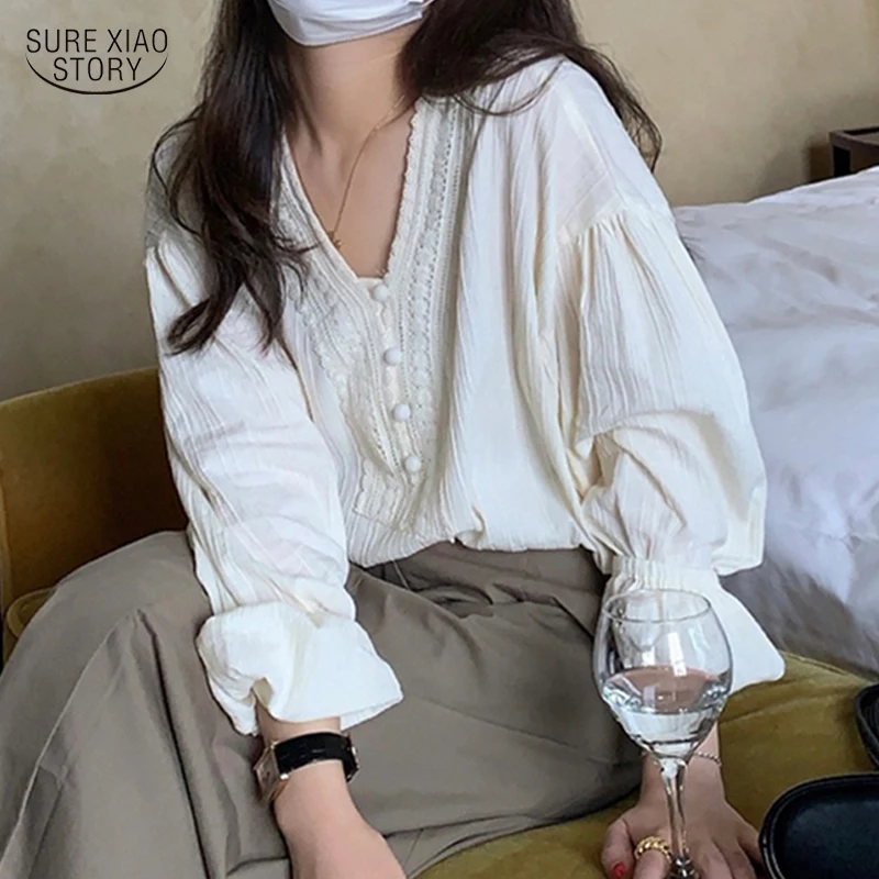 

Casual Loose Apricot Long Sleeve Female Tops French Sweet Lace Hollow Out Pleasure Shirt Autumn V-neck 4XL Elegant Blouse 17829