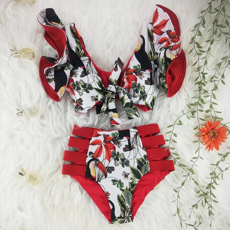 

2021 New Bikini Floral Ruffled Bikini Set Women V-neck High Waist Two Piece Swimsuit Girl Beach Bathing Suit Swimwear Biquinis