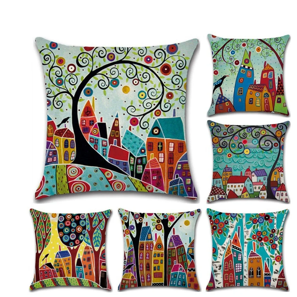 

1pc Hand-Painted Retro Rural Color Cities 45*45cm Cushion Cover Linen Throw Pillow Car Home Decoration Decorative Pillowcase