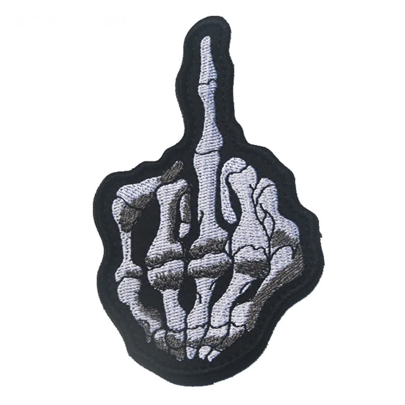 

Embroidered skeleton Middle Finger Skull patches cloth military motorcycle hook patches tactical for vest coat