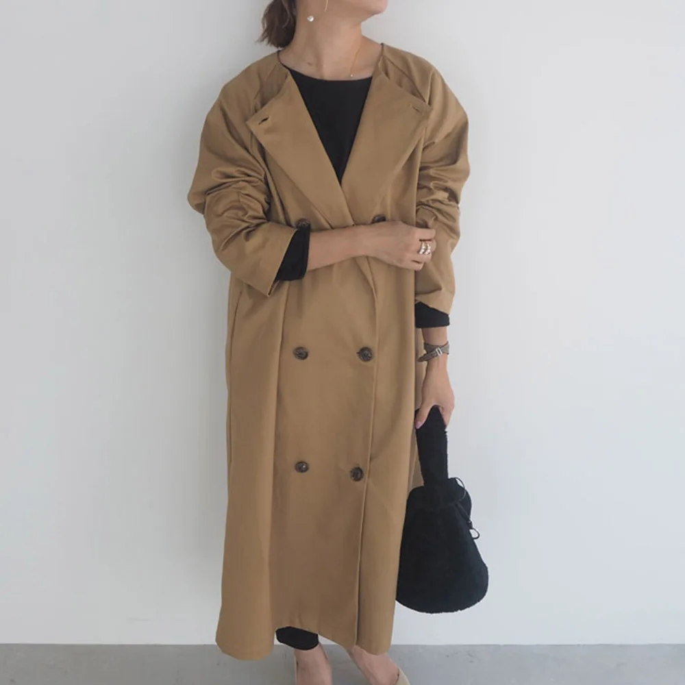 

Women Long Trench Coat Korean Fashion Double Breasted Round Neck Japan Office Lady Autumn Outwear Khaki Oversized Jacket 2021