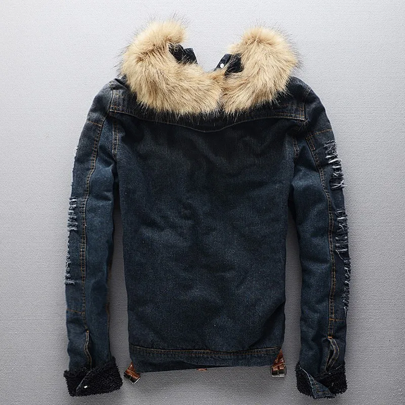 

S-4XL Men Winter Coats New Brand Clothing Fur Collar Denim Jacket Fashion Slim Mens Jeans Thick Warm Outwear Male Cowboy