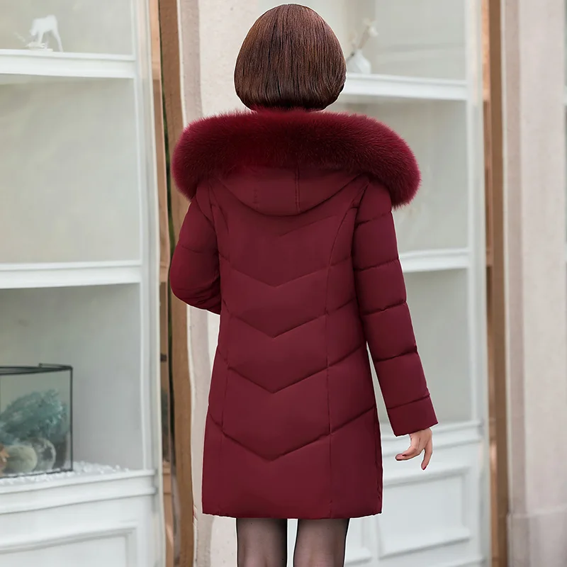 Зимняя куртка размера плюс 5XL, Женская парка с капюшоном, меховой воротник, высокое качество, тонкий женский пуховик для среднего возраста, хлопковая куртка, зимнее пальто