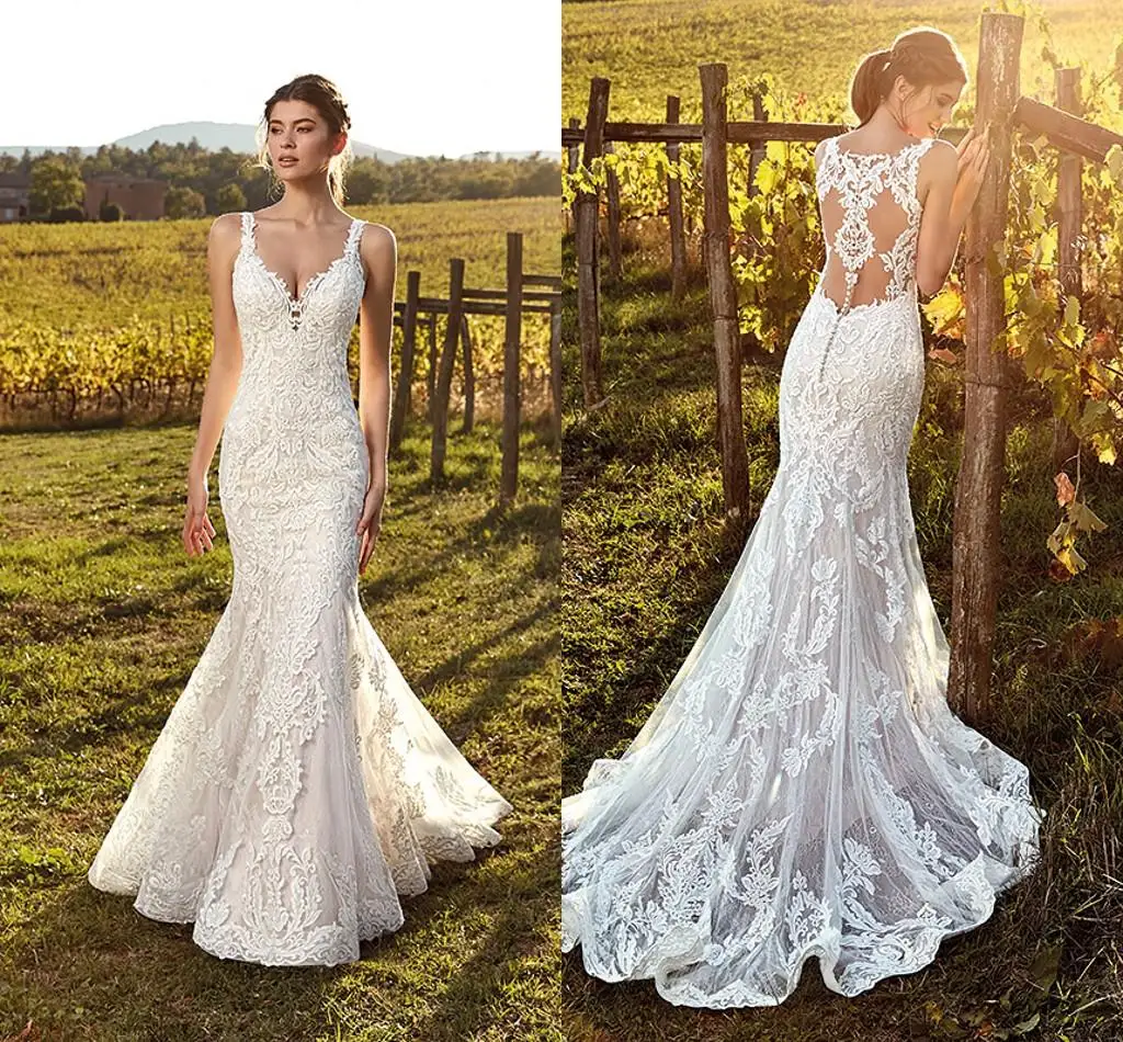 

2019 Elegant Ivory Straps Deep Lace Mermaid Wedding Dresses Full Lace Tulle Summer Beach Wedding Bridal Gowns Illusion Back