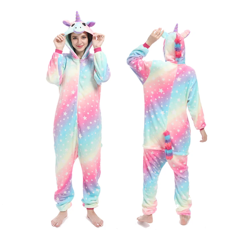 Pink star Kigurumi Adult Pajamas Unicorn Winter Women Pajamas Set Animal Panda Stitch Onesie Pyjama Unisex Flannel Sleepwear Jumpsuit - Цвет: Pink star