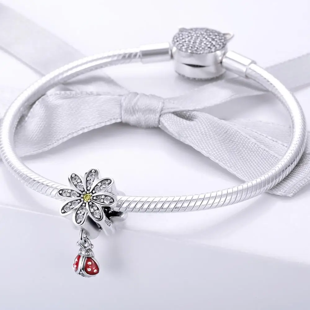 Trendy 925 Sterling Silver CZ Daisy Flower Ladybug Pendant Charms fit Bracelet Necklace DIY Accessories Jewelry Fashion SCC727 | Украшения