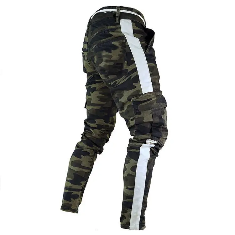 

Men's pants bottom men's Multi Pocket small leg jeans side ribbon camouflage denim pants