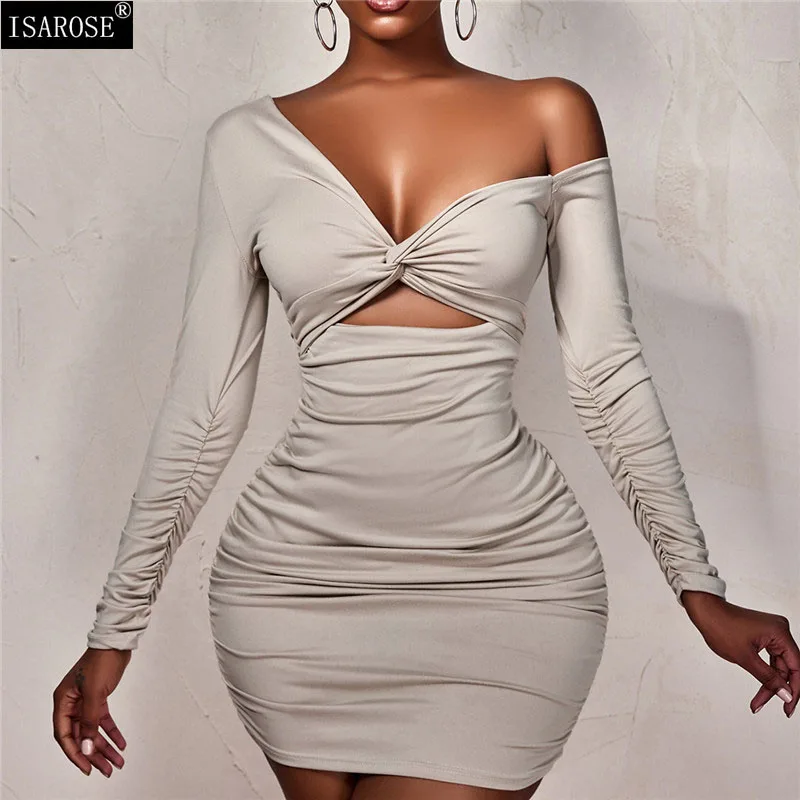 

ISAROSE Single Shoulder Dress Sexy Women Twisted V Neck Hollow Ruched Long Sleeve Party Nightclub Soft Stretch Bodycon Dresses