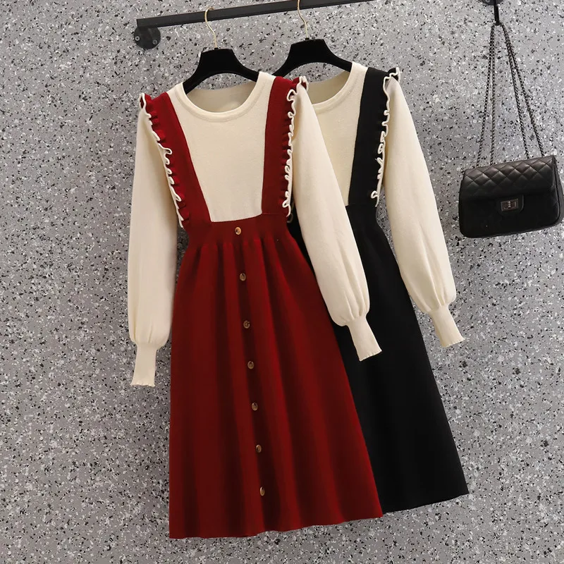 

3XL plus size women elegant Patchwork kintting dress vestido autumn winter 2021 Lantern sleeve fake two-piece sweater dresses