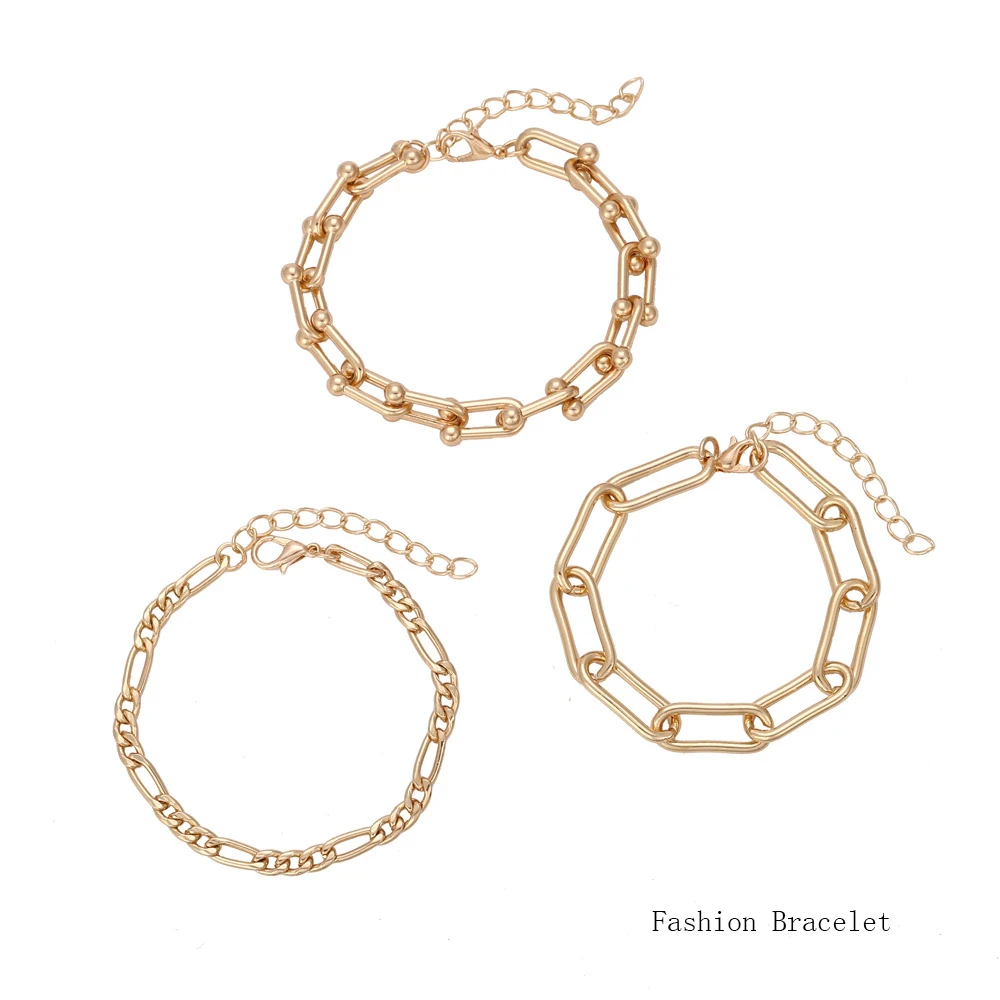 

3pcs Gold Color Women Bracelet Thick Chain Simple Vintage Elegant Statement Hand Chain Suit Jewelry Accessories For Women