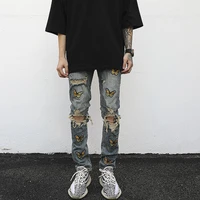 hole ripped jeans mens high street butterfly embroidery vintege washed blue denim skinny trousers hip hop streetwear sweatpans