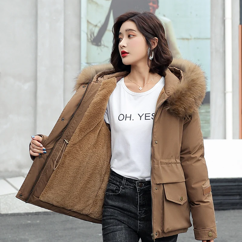 

Женская Повседневная парка с капюшоном, короткая парка с хлопковой подкладкой, однотонная зимняя куртка для женщин, новинка 2021, с большими к...