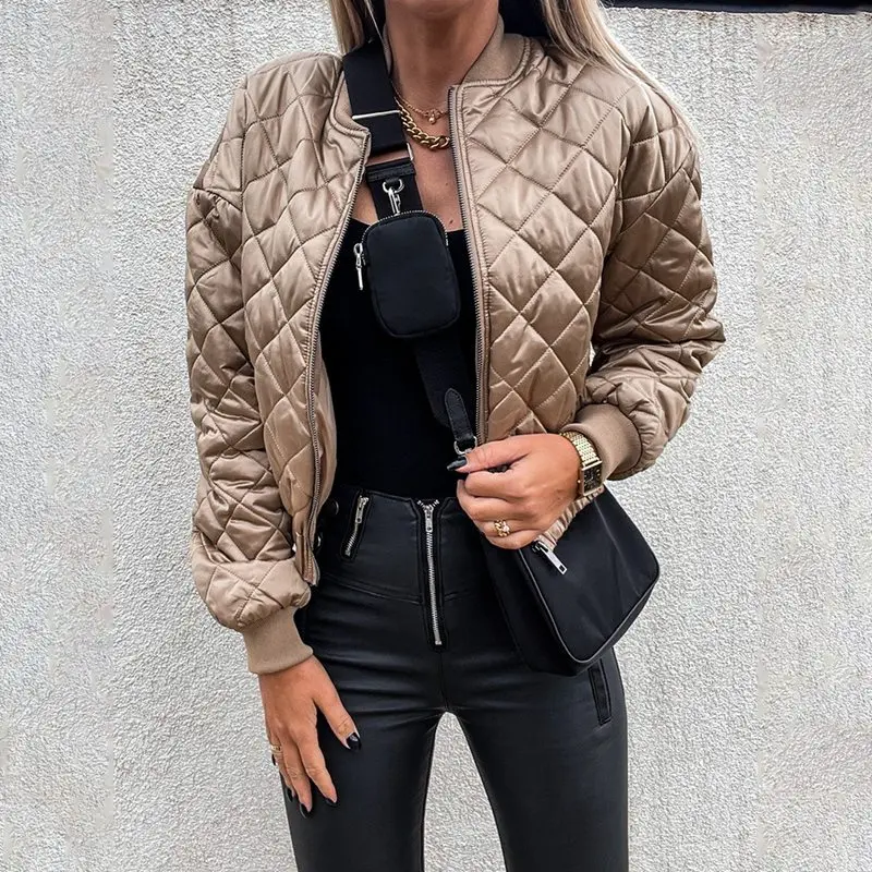 

Women 2021 Autumn Winter Argyle Loose Padded Jacket Coat Zipper Vintage Long Sleeve Cropped Thin Parka Female Outerwear Chic Top