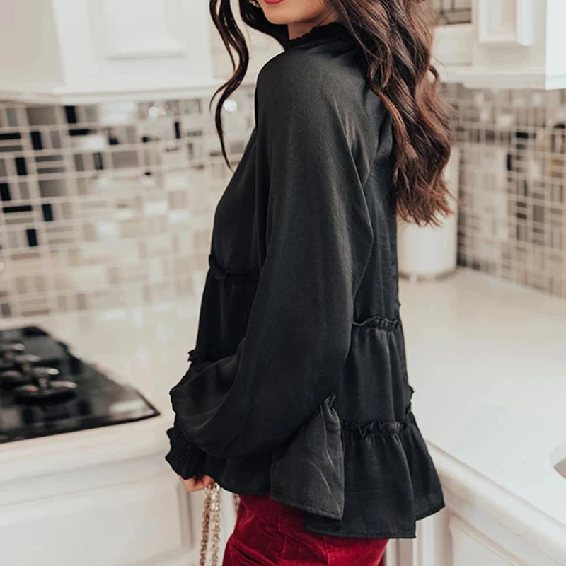

Spring Elegant Office Lady Blouses Shirts Women Retro Turtleneck Long Sleeve Pullover Tops Fashion Pleated Layered Shirt Blusas