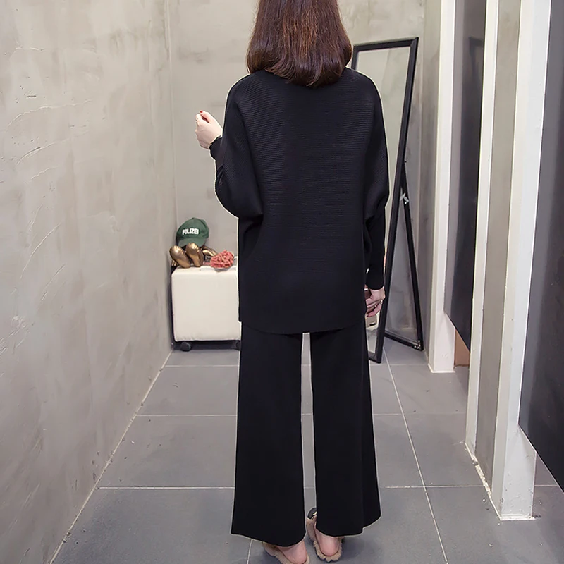 Черный вязаный костюм женский теплый комплект из 2 предметов брюки костюмы и топ