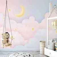 photo wallpaper nordic hand painted pink starry sky clouds cartoon moon mural childrens bedroom background wall painting fresco