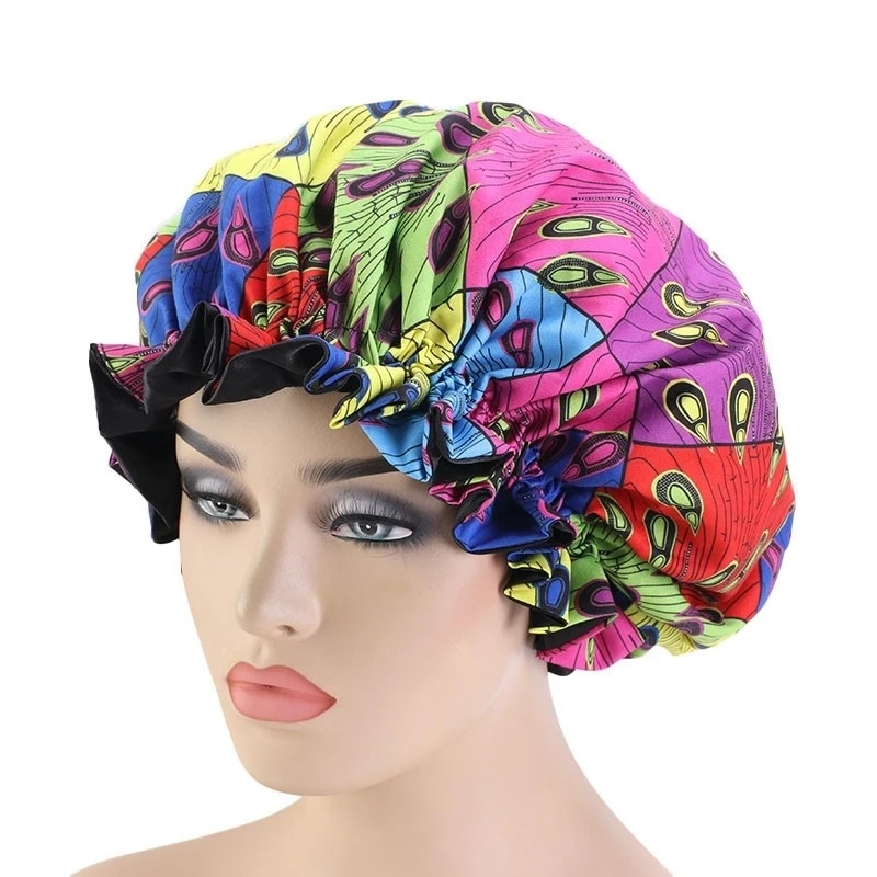 

Extra Large Size Hair Caps African Pattern Satin Bonnet Big Wave Brim Night Sleep Cap Women Flower Turban Hair Tool Styling