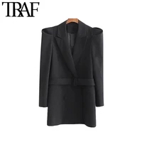 traf women vintage stylish office wear double breasted blazer coat fashion long puff sleeve with belt female outerwear chic tops