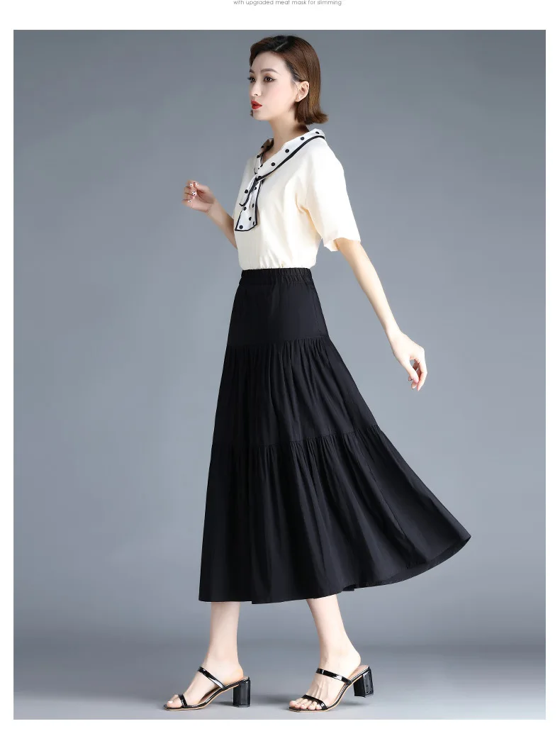 

Summer New A-line Plus Size Mid-Calf Skirt 2021 Women Elegant Korean High Waisted Loose Big Swing Casual Black Long Skirts Lady