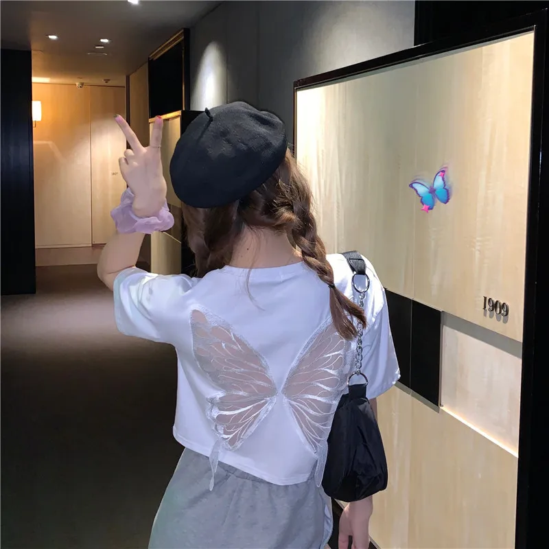 

2021 Summer New T-shirt Short Sexy Back Hollow Butterfly Short-sleeved T-shirt Top Women