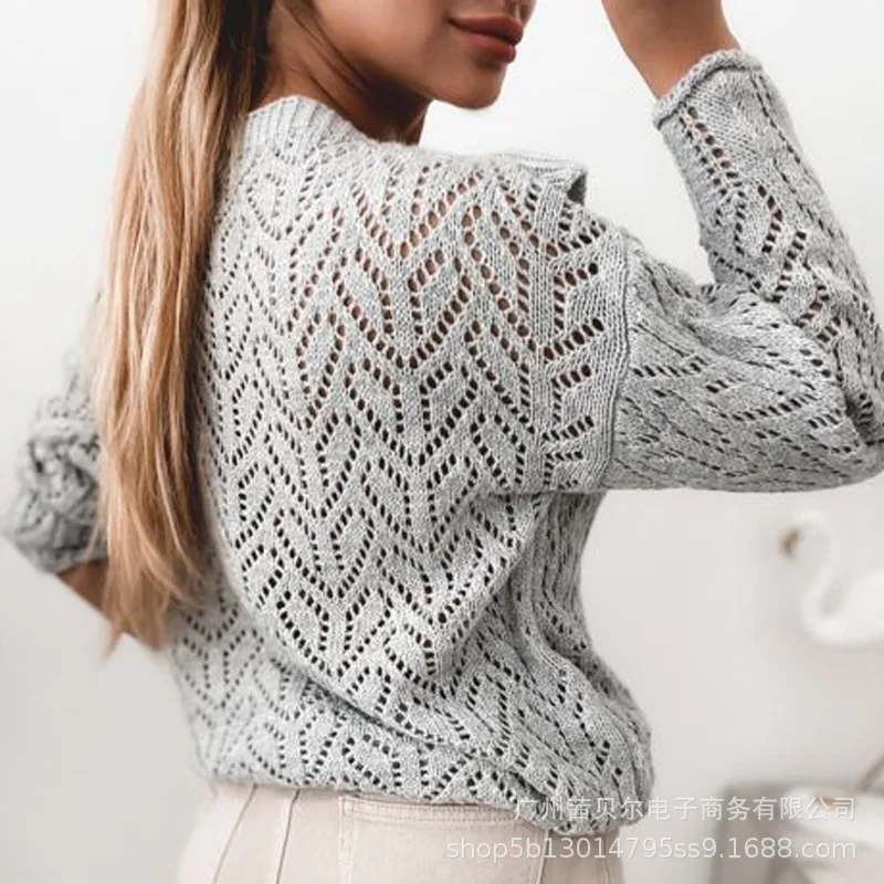 

WEPBEL Autumn Sweater Women's Casual Long-Sleeved Winter Hollow Out Ruffled Splicing Pullover O-Neck Knitted Sweater