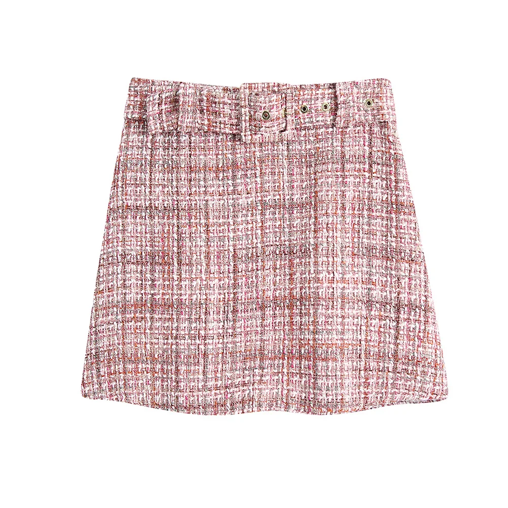 

Fashion Skirt 2021 Women Clothing Office Elegant Vintage Checked Tweed Mini Skirts Back Zipper High Waist Casual Skirt With Belt