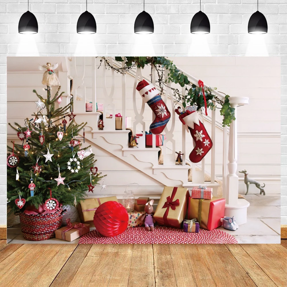Рождественский фон для фотосъемки реквизит дерево подарок чулки детский портрет