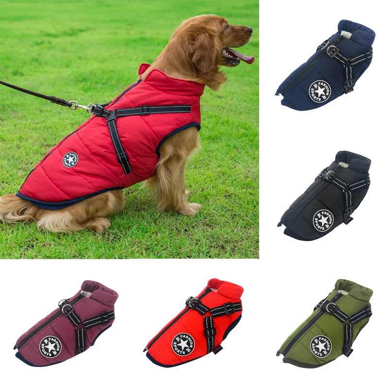 Зимняя Теплая Одежда для собак Большая куртка домашних питомцев С упряжкой
