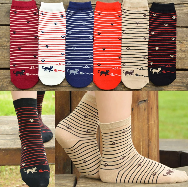 Женские носки Сезон весна лето Милые для девочек с рисунком кошки Разноцветные в