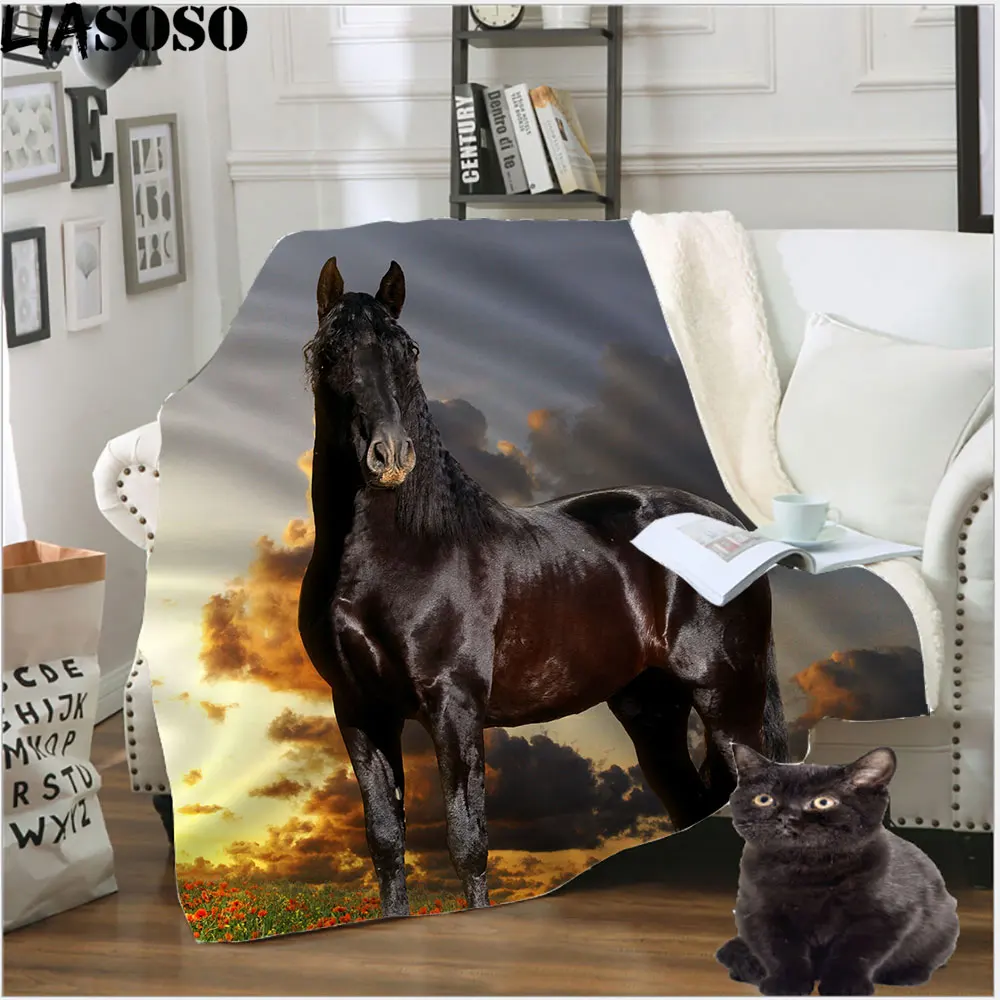 

LIASOSO 3D Galloping Horse Animal Prints Warm Throw Blankets Soft Sherpa TV Blanket Sofa Travel Bedding Child's Sheets For Bed