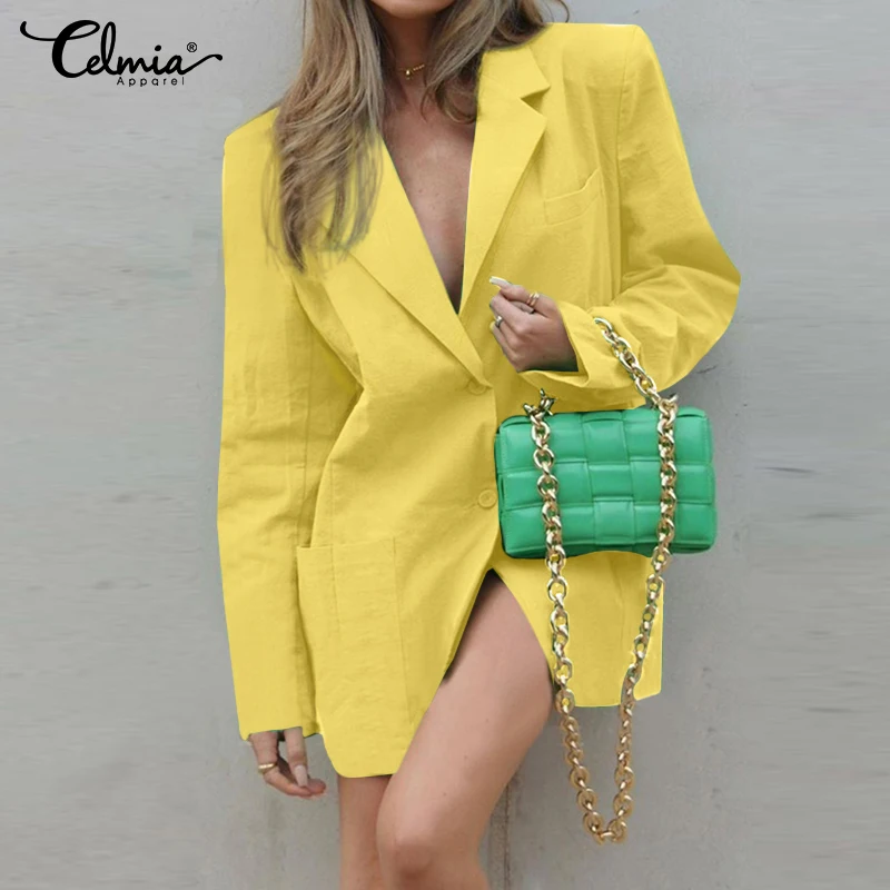 

Блейзер Celmia женский с длинным рукавом, повседневный тонкий легкий длинный костюм, пальто оверсайз с воротником с карманами, уличная одежда, ...
