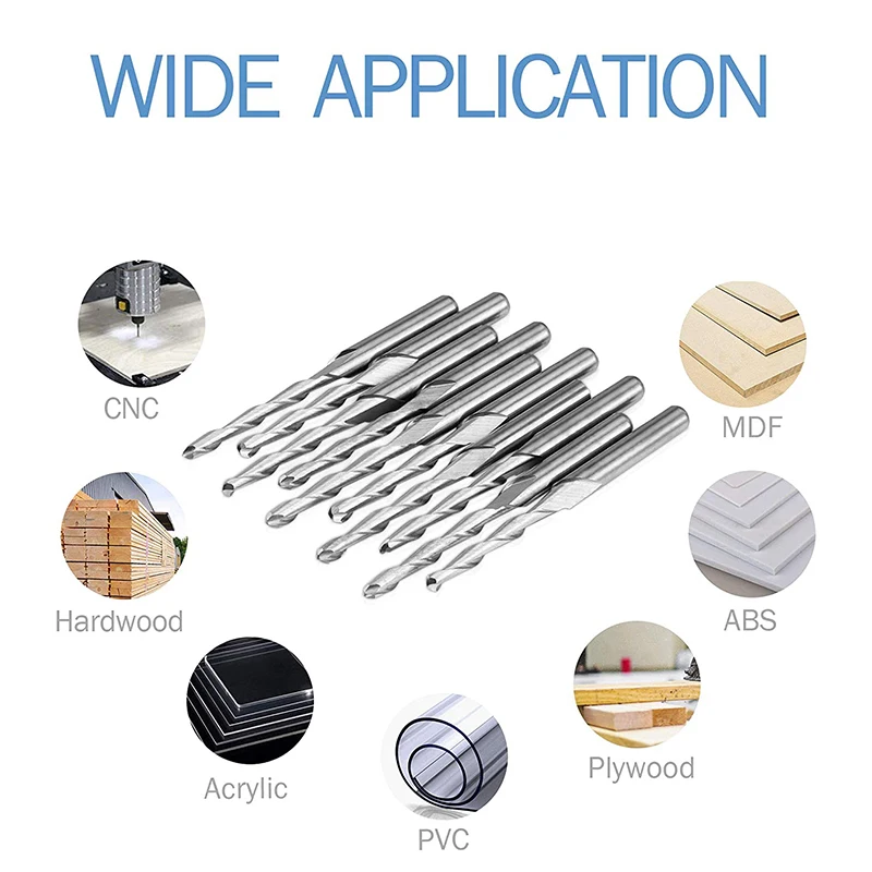 10Pcs CNC Router Bit 2mm Ball Nose End Mill 2-Flute Spiral Upcut Milling Cutter Engraving Carving Tool Set | Инструменты