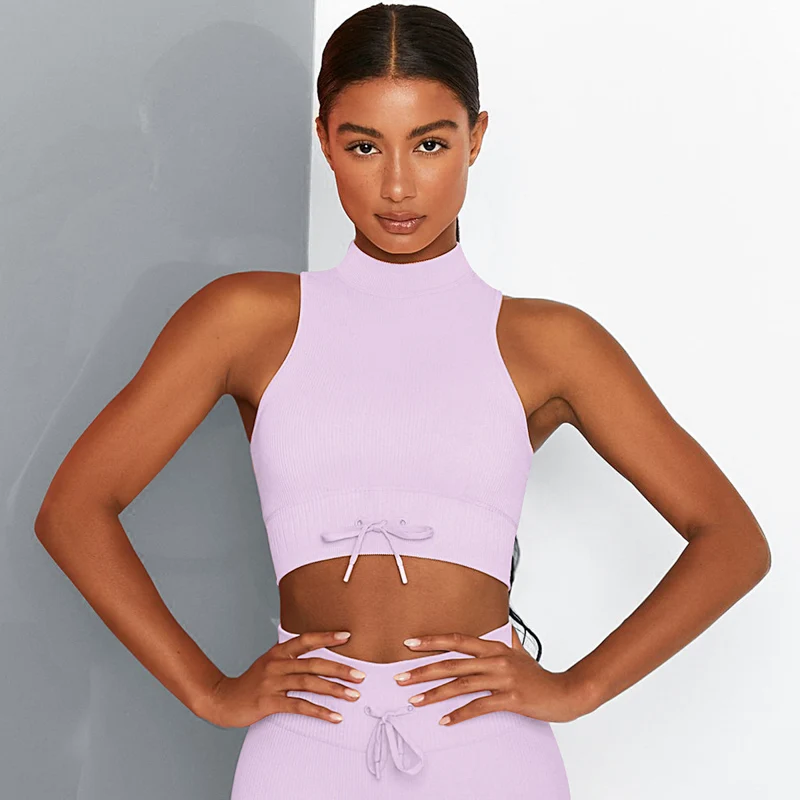 

High Neck Tank Top Sleeveless Yoga Bras Nylon Breathable Fitness Vest Women Clothing Power Stretchy Waist Straps Gym Sportswear