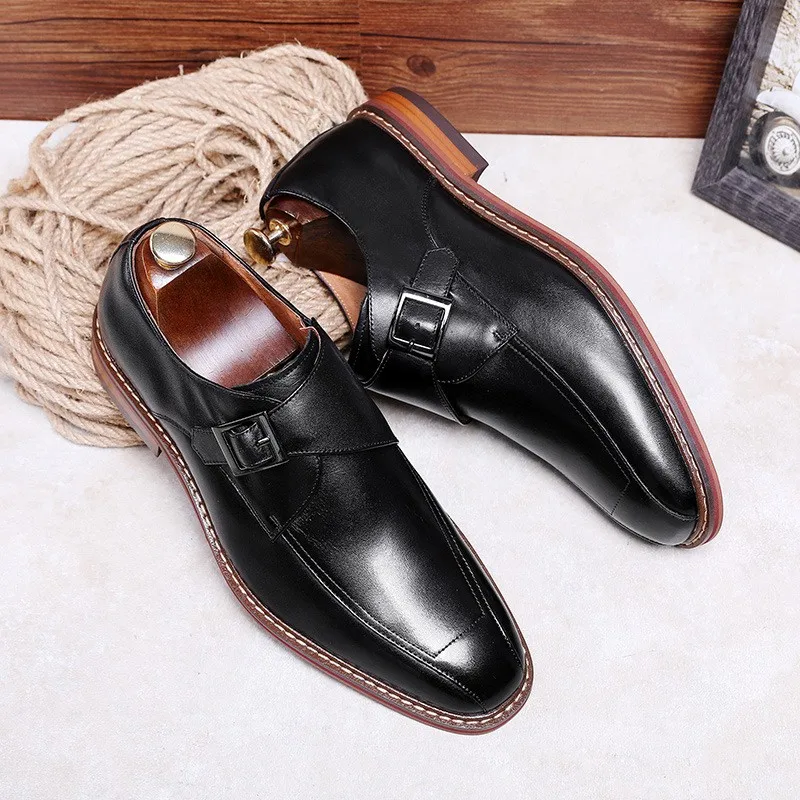 

Business Men Genuine Leather Formal Shoes Big Size 44 45 46 47 Slip On Dress Shoes Buckle Male Wedding Party Square Toe Shoes