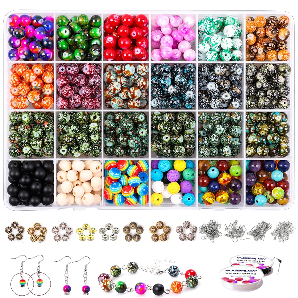 

Round Acrylic Glass Gemstone Decorative Pattern Bead Kit with Wood Chakra Lava Bead Spacer for DIY Jewelry Making