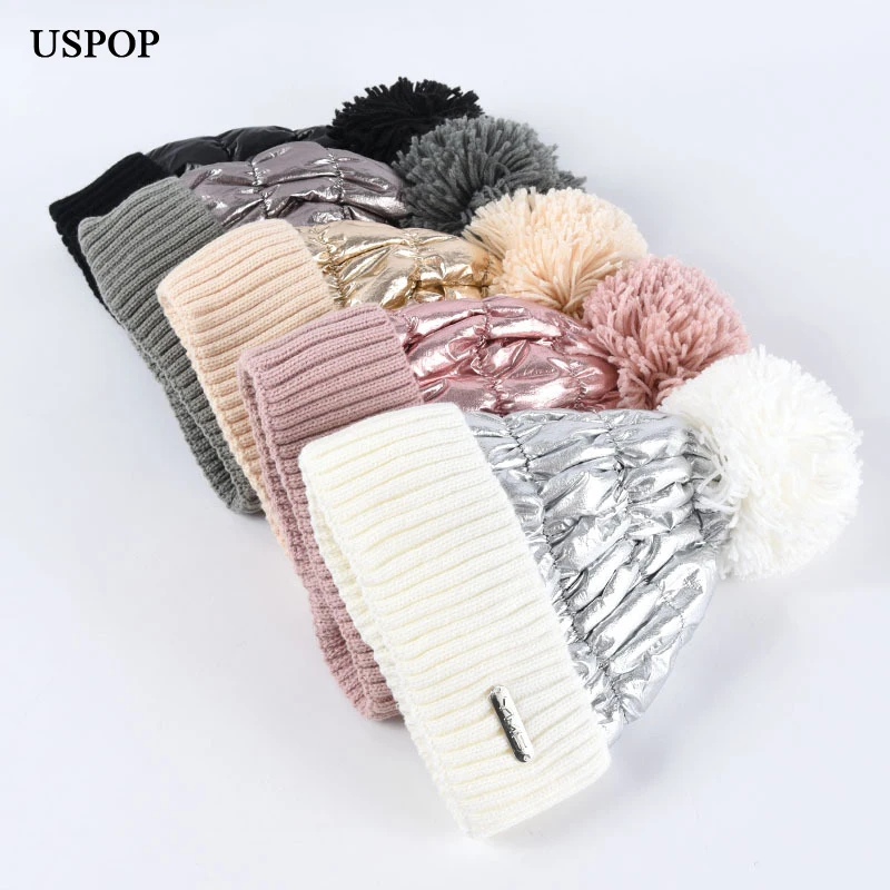 

USPOP зимние шапки, женские шапочки, шапки с помпоном в стиле пэчворк, женские облегающие шапки, модные вязаные шапки