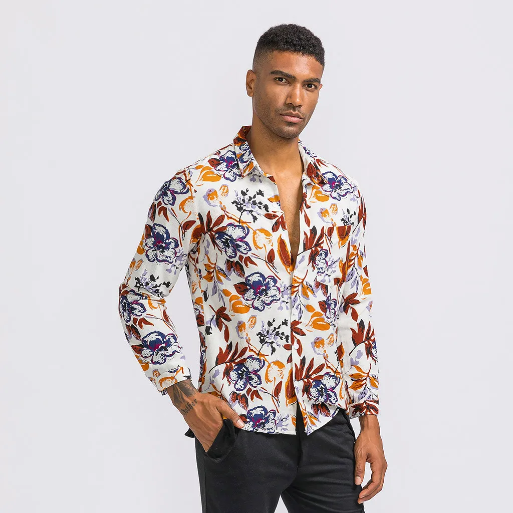 Мужские в этническом стиле винтажные цветочные печати с длинным рукавом