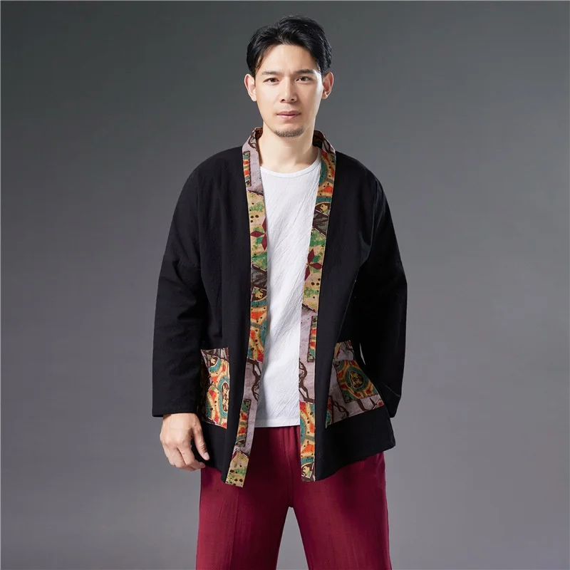 

Chinese Style Splicing Jacket 2021 Cotton Linen Tang Suit Wudang Cardigan Chinese Tunic Suit Plus Size Tops Men Clothing KK3705