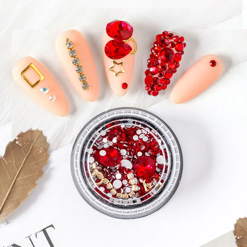 

1 Box Irregular Gold AB Crystal Zircon Nail Rhinestones Gems Mix Class Beads Studs Metal Rivets Nail Accessories