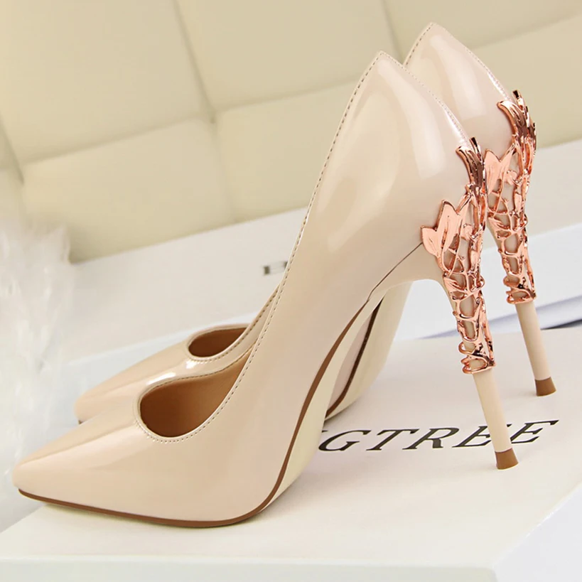 

2021 Women Metal 10cm High Heels Wedding Pumps Lady Pointed Toe Silver Gold Classic Valentine Scarpins Office Stripper Shoes
