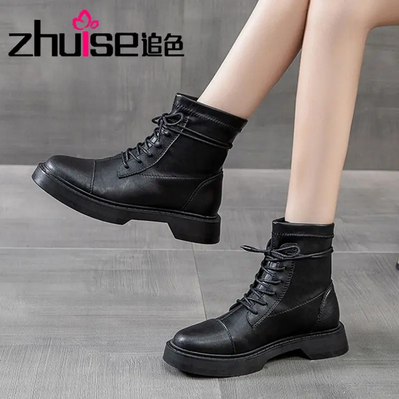 

Кожаные весенние сапоги для верховой езды Женские Дышащие Универсальные женские короткие сапоги в британском стиле новинка 2021 эластичные ...