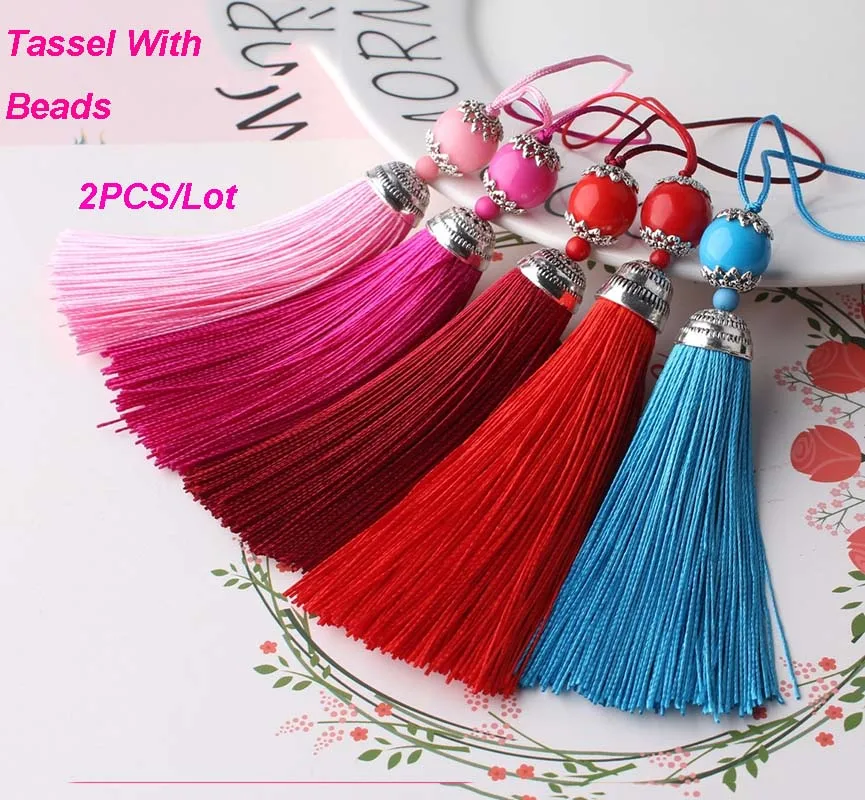 

2pcs/lot Silk with Beads Pendant Tassel Fringe Sling Decor Tassels Trim For Wedding Decor Curtains Home SewIng jewelry Accessor