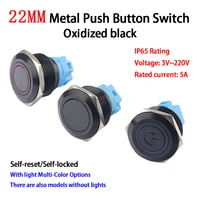 22mm push button switch oxidized black momentary latching fixed on off power switch flat led light 3 6 12 24 110 220v waterproof