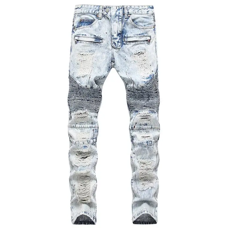 

New Men's New Elastic Trousers Zipper Decoration Jeans Men's Trendy Trousers Distressed Biker Jeans