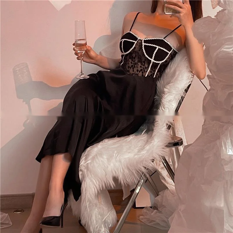 

Sexy Fashion Black Perspective Cosy Satin Suspender Women's Autumn Thin Embroidery Lace Stitching Medium Length Dress New B7W2