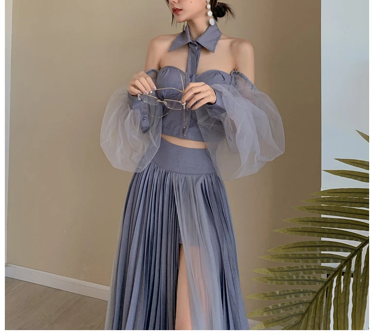 

Niche Design Personalized Shirt Lapel Hollow Mesh Puff Sleeve Top + Irregular Pleated Skirt Suit Dress Dress